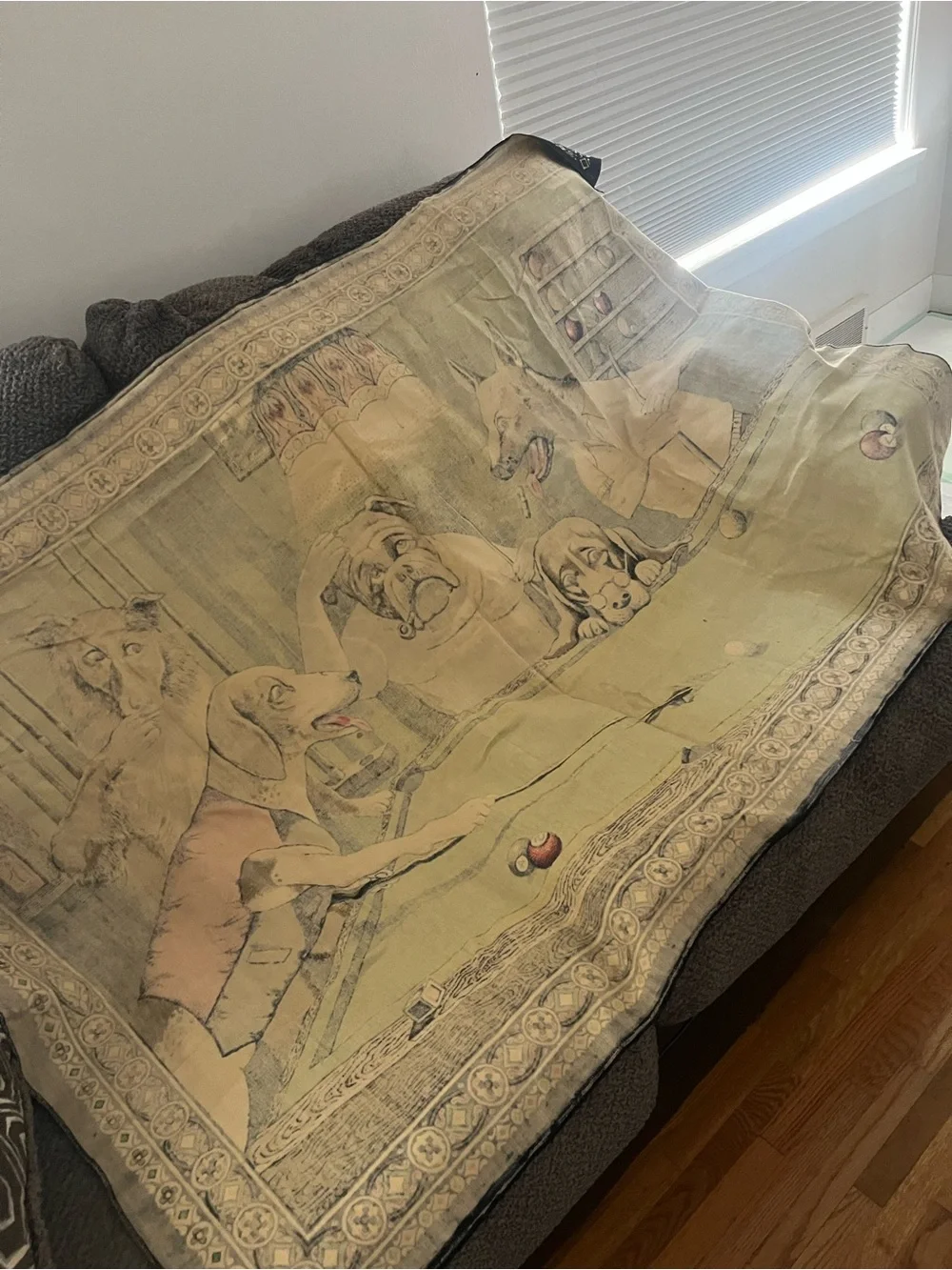 1970’s Dog Pool Hall Throw Tapestry Green, Brown, Tan